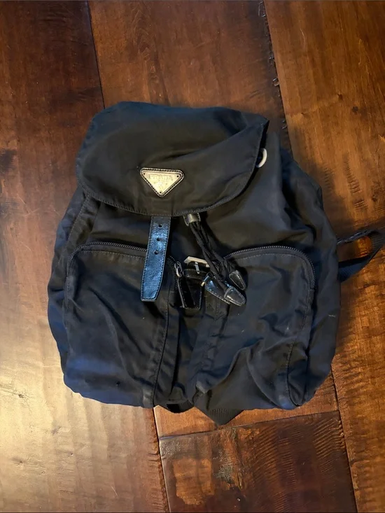 Prada Black Nylon Drawstring Backpack with Leather Trim
