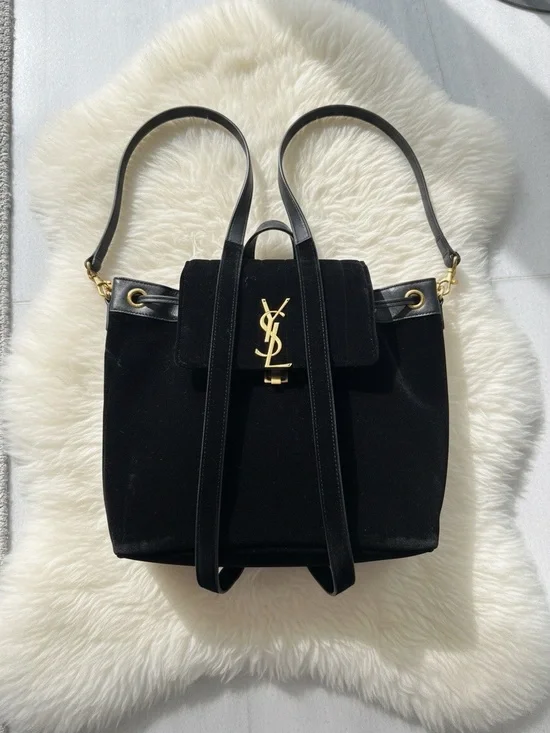 Saint Laurent Black Velvet Backpack with Gold YSL Logo