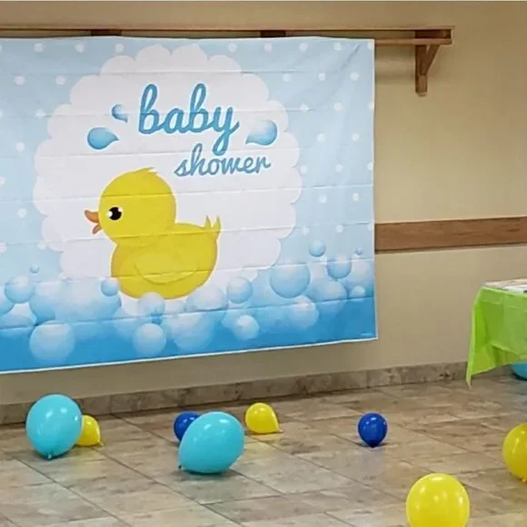 EUC Cute Large Rubber Ducky Baby Shower Party Vinyl Backdrop Banner 7' x 5'
