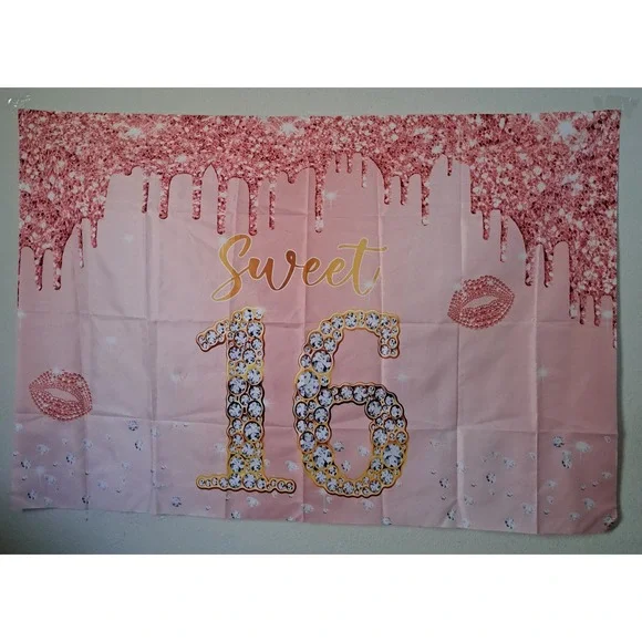 Pink Rose Gold Sweet 16 Birthday Party Backdrop Glitter Diamond Photo Background