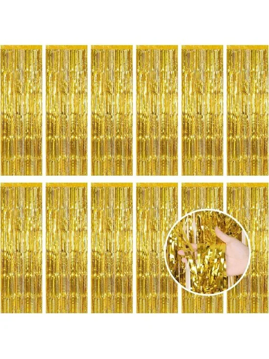 Gold Foil Fringe Curtains - 12 Pack Tinsel Backdrop for Parties, Weddings