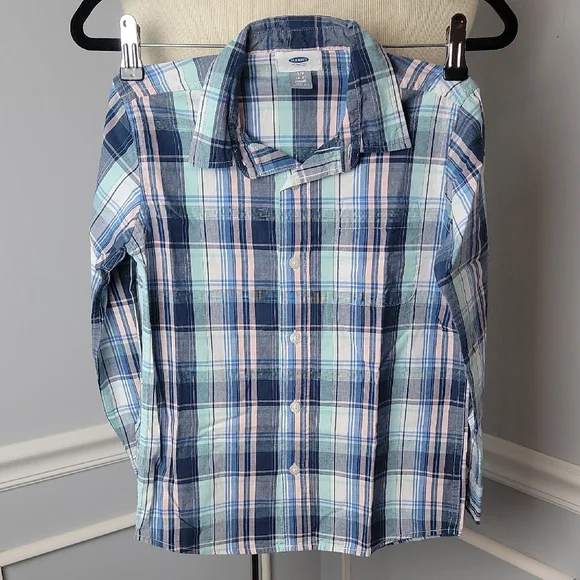 OLD NAVY **3 for $20 item** Boy's Blue Pink Plaid Casual Button Down Shirt S‎