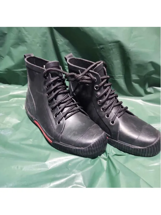 Black Waterproof High Top Rain Boots Rubber Lace Up Sneaker Shoes Red Trim