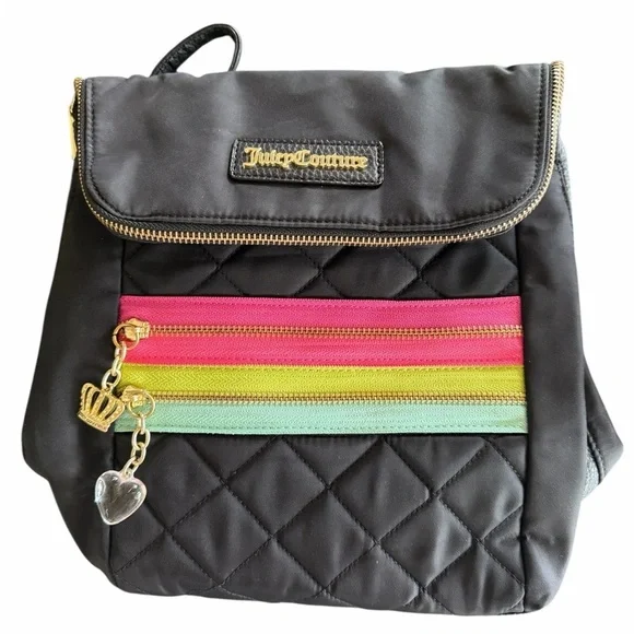 🖤💗Juicy Couture Black Quilted Mini Backpack with Pink, Lime & Mint Stripes