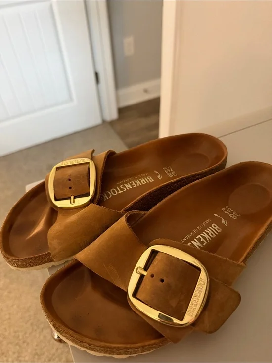 Birkenstock Tan Slide Sandals with Gold Buckles
