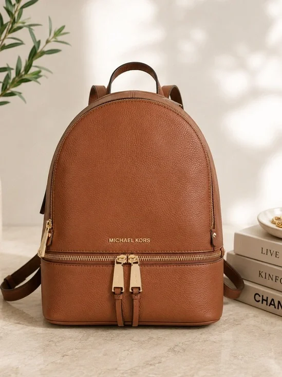 Michael Kors Brown Pebbled Leather Backpack Gold Hardware Everyday bag