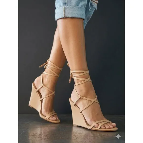 Schutz Wedge Sandals 9 Minimalist Nude Heels Wedding Vacation Sexy Tan Deonne