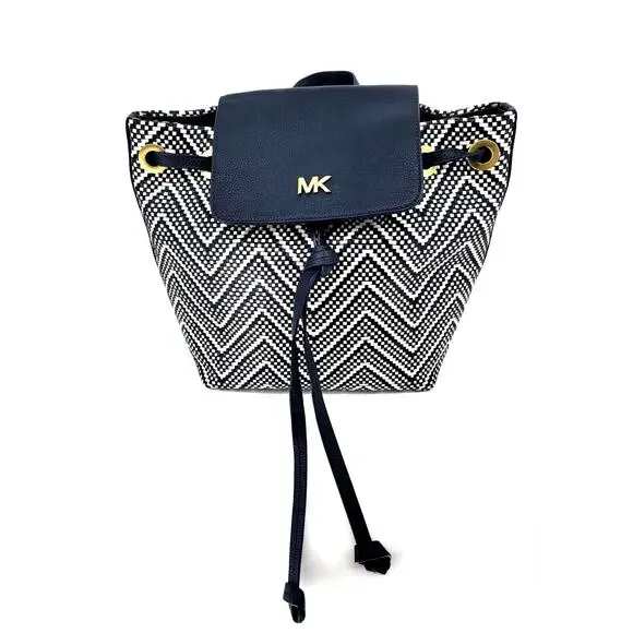 Michael Kors Junie Medium Drawstring‎ Backpack Navy White Chevron Woven Leather