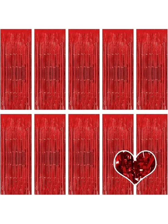 10 Pack Red Metallic Tinsel Foil Fringe Curtains for Party, Wedding & Photo