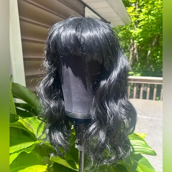 Elegant Betty Page Black Wave Wig With Bangs, Cap with Combs, Gently Worn