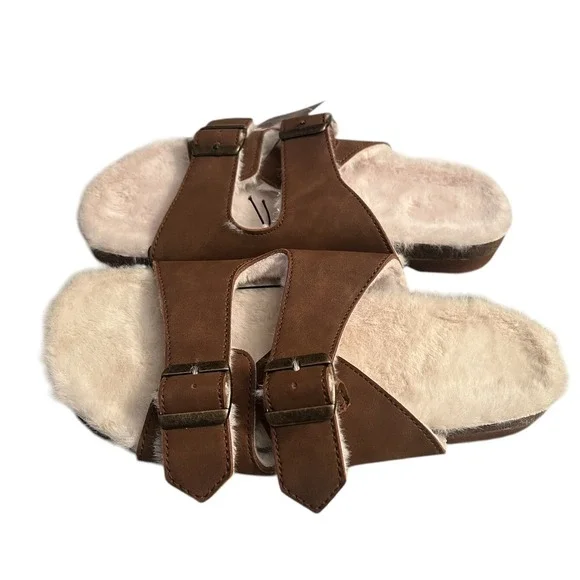 No Boundaries Slides Sandals Brown Faux Fur Lined Double Buckle Platform 11
