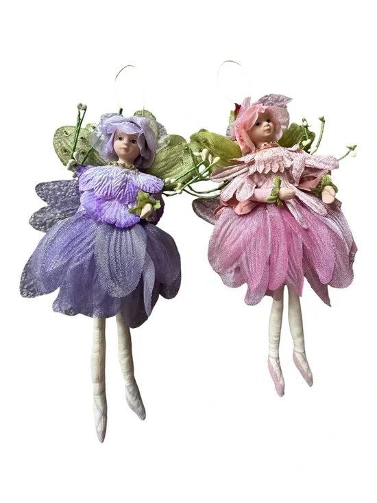 Vintage Purple and Pink Flower Fairy Ornaments - Pair