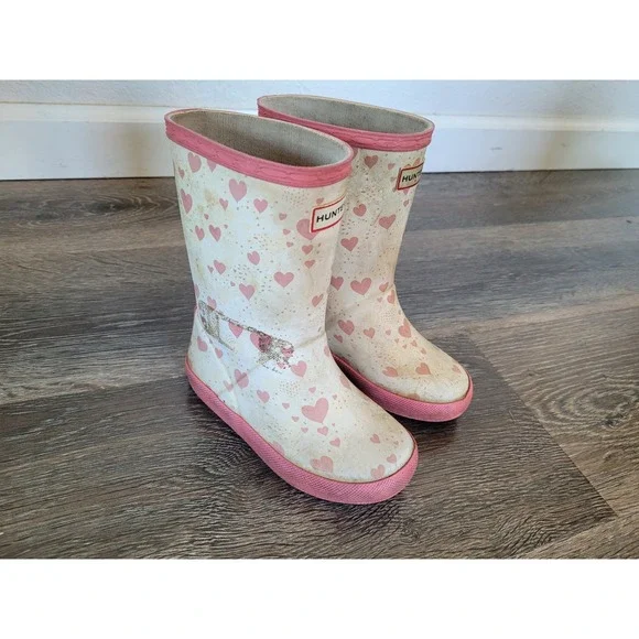 Hunter Kids First Classic Heart Print Rain Boots Pink Cream Toddler US 10 #6