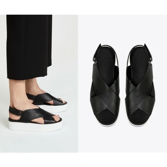Vince • Weslan Leather Platform Sandals black criss cross straps flatform chunky