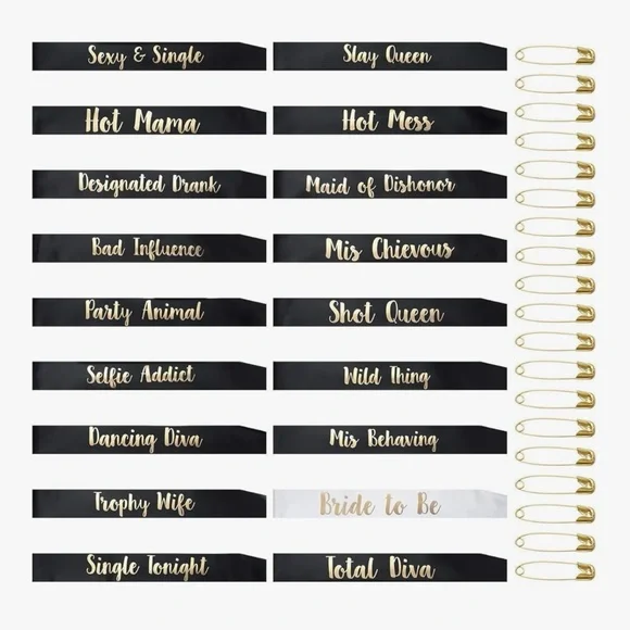 NWT Black and Gold Bride to Be Bachelorette Party Sash set of 18
