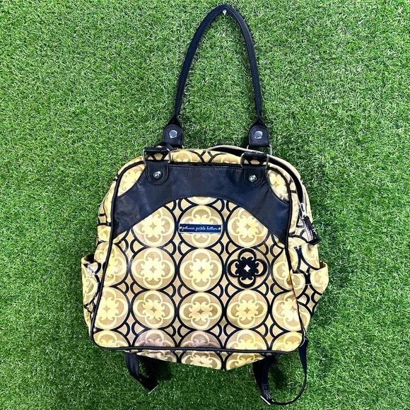 Petunia Pickle Bottom Beige Black Geometric Medium Backpack Zip Silver Hardware