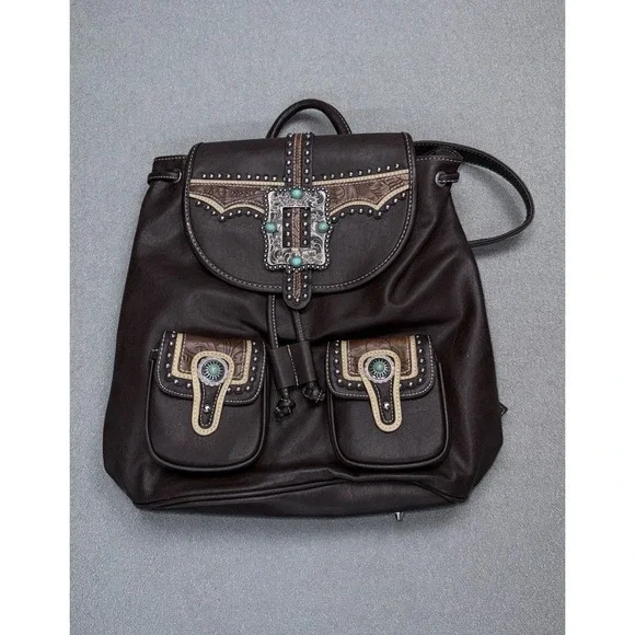 Montana West‎ Western Backpack Purse Brown Studded Tooled Turquoise Cowgirl Bag