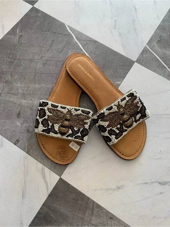 Tan Beaded Bee Slide Sandals
