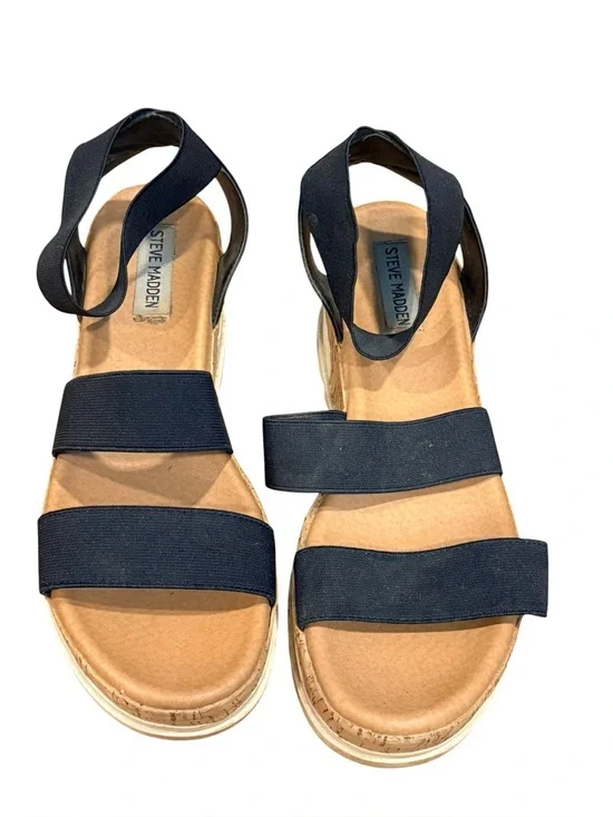Steve Madden Bandi Black Elastic Crisscross Cork Platform Sandals Size 9
