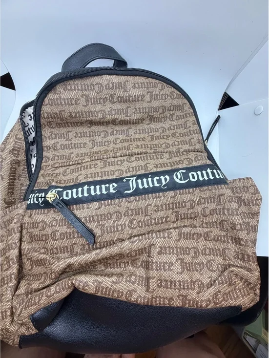 Juicy Couture Logo Print Backpack Brown Black PVC Monogram Travel School Bag