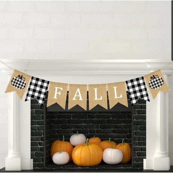 Fall Burlap Banner Buffalo Plaid Pumpkin Thanksgiving Garland 8.5ft Rustic Decor
