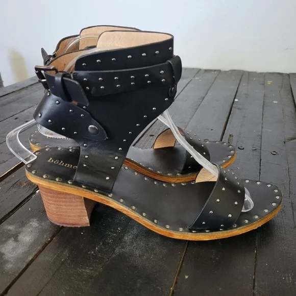 Bohme Women's 9 Black Boho Ankle Heeled Sandals Gladiator Studded Open Toe Shoes