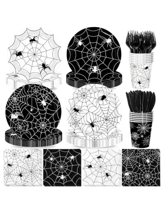 144 Pcs Halloween Plates and Napkins Set, Spider Web Tableware, Serves 24