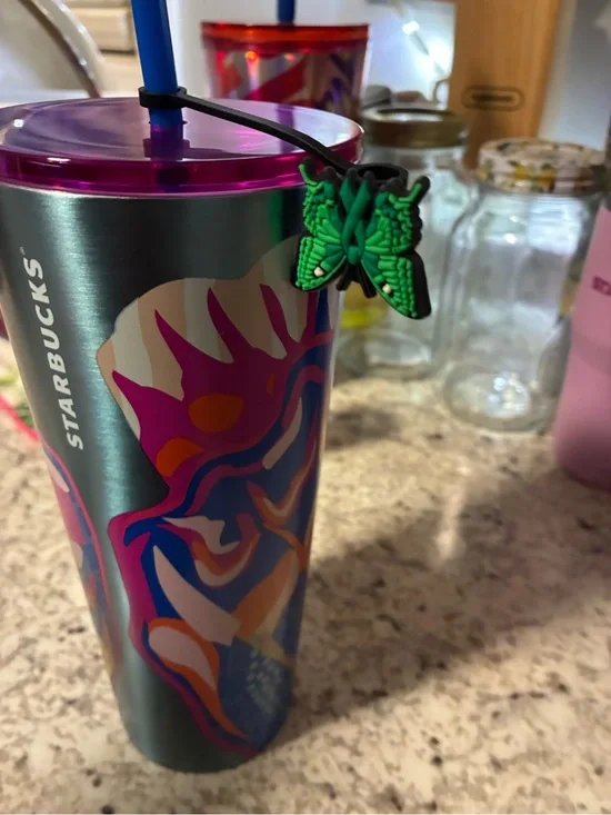 Starbucks Multicolor Metallic Tumbler with Purple Lid and Green Butterfly Charm