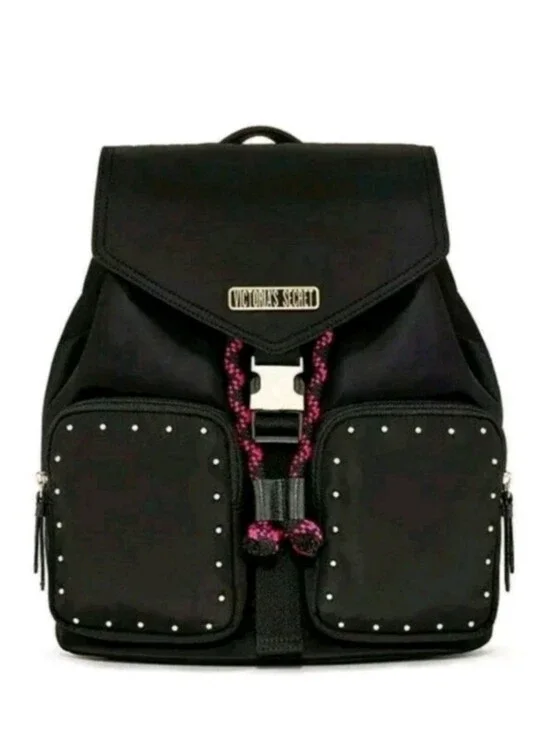 Victoria's Secret Getaway Cargo Black Backpack Pink Accents NWT