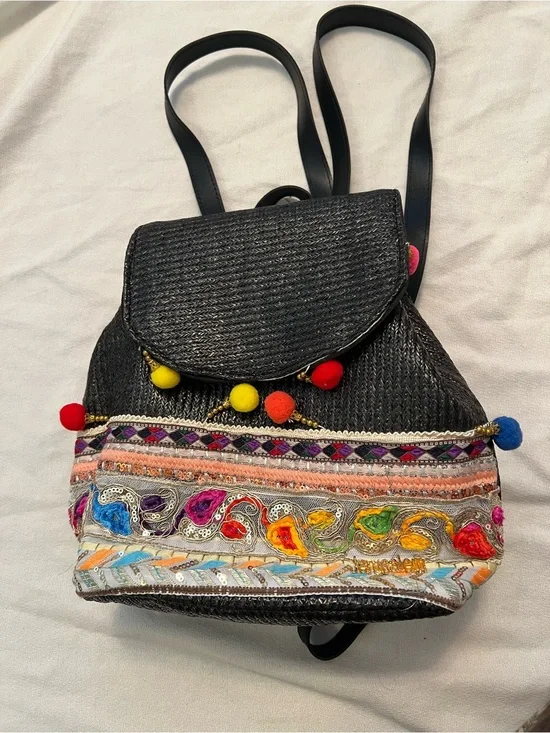 NWT Black Embroidered Mesh Sequins Boho Pom-Pom Woven Straw Backpack