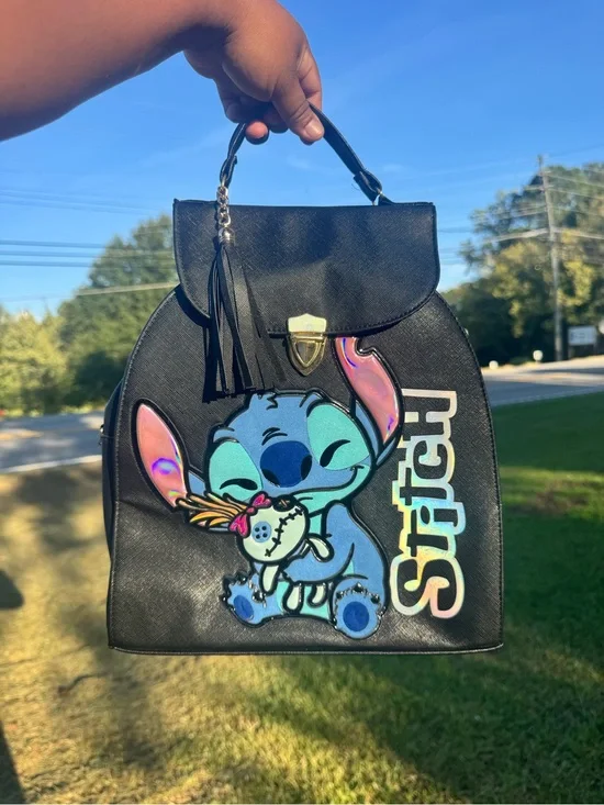 Love Stitch Black Faux Leather Backpack with Holographic Stitch Applique