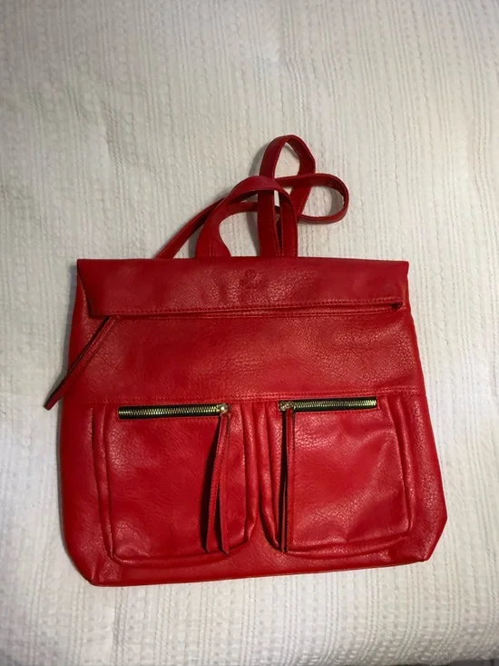 Red Leather Tote Bag with Front Zip Pockets from Japan