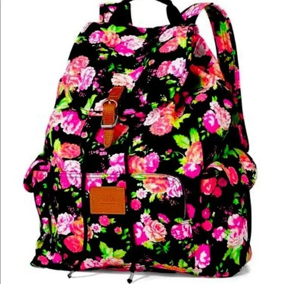 Victoria’s Secret vs pink neon floral campus slouch backpack everyday vintage