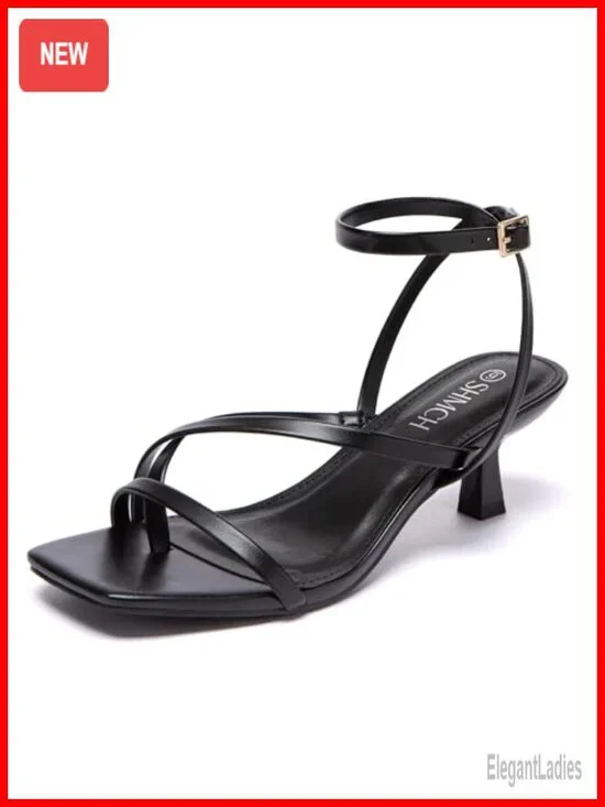 Kitten Heel Strappy Thong Sandals Square Toe Ankle Strap Dress Shoes