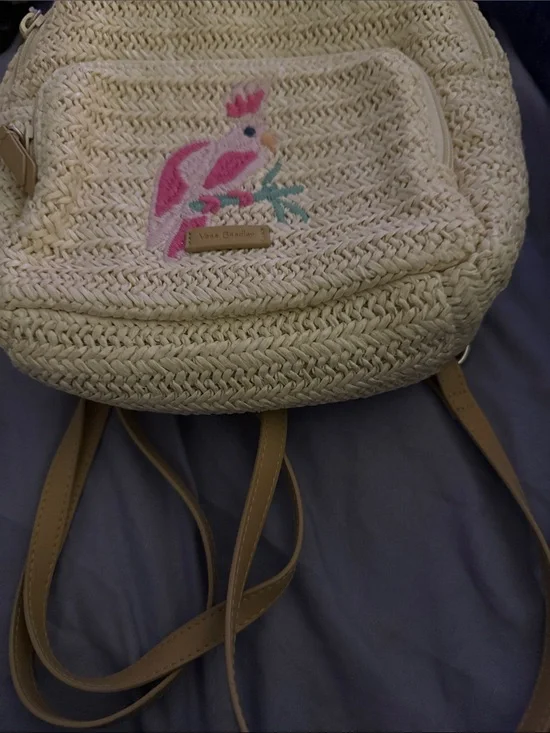 Vera Bradley Mini Cream Convertible Straw Backpack with Pink Parrot Accent