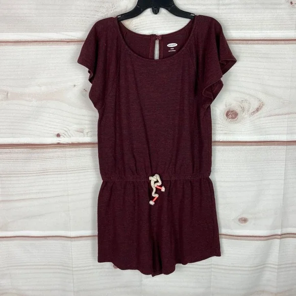 Old Navy Romper Girls M‎ Burgundy Flutter Sleeve Linen Blend Elastic Waist Solid