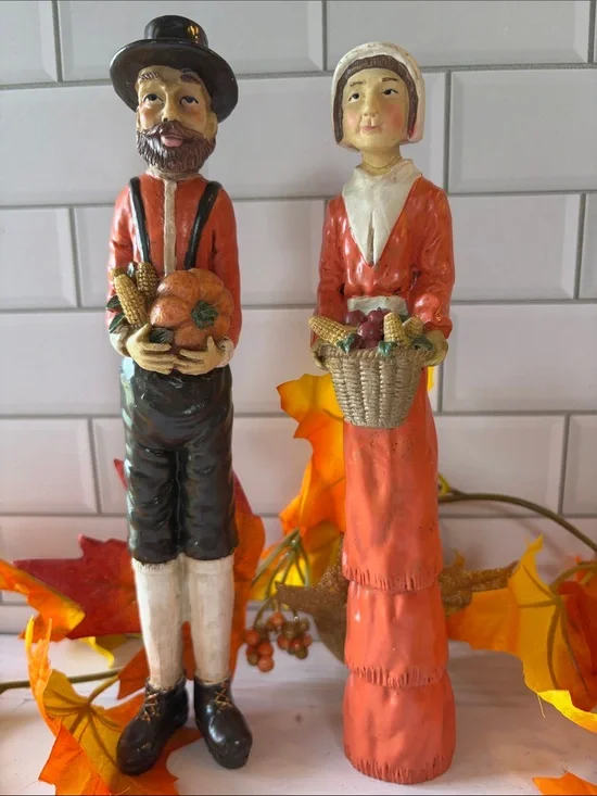 Autumn Harvest Couple Figurines in Orange - Seasonal Table Decor