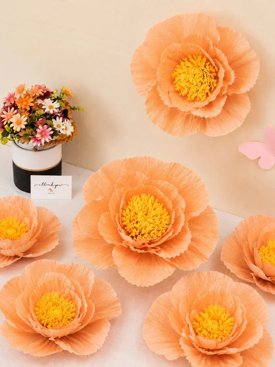 Set of 12 Peach Crepe Paper Flowers For Wedding, Birthday, Party