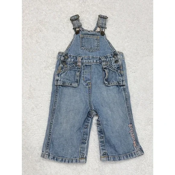 Vtg y2k Old Navy Denim Overalls Baby girls sz 6-12 Months Pink embroidery Cotton