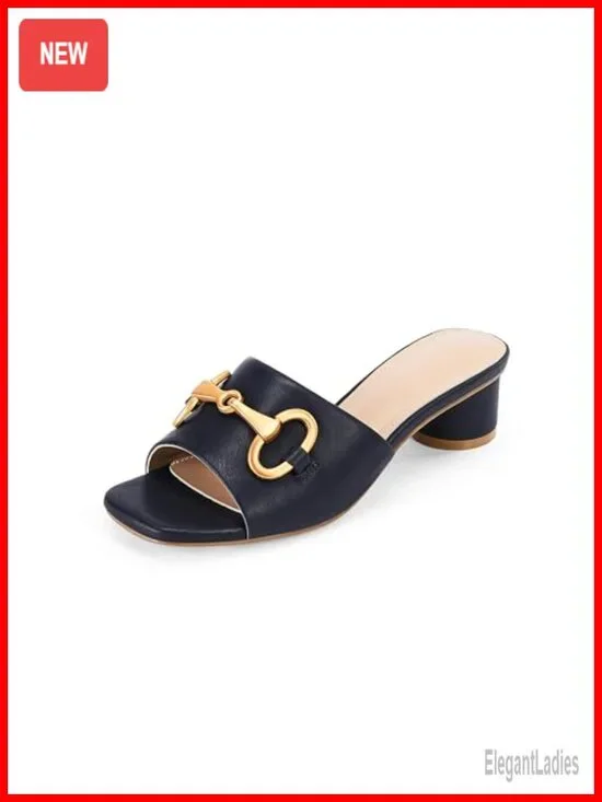 Womens Slide Sandals Square Open Toe Slip On Low Heel Metal Chain Faux Leather