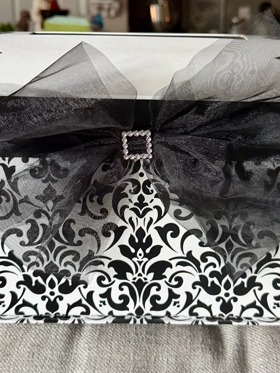 Black and White Damask Decorative Gift Box with Black Organza Bow