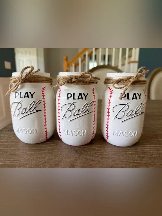 Baseball Mason Jar Vases: Hand Painted Sports Decor, Set of 3