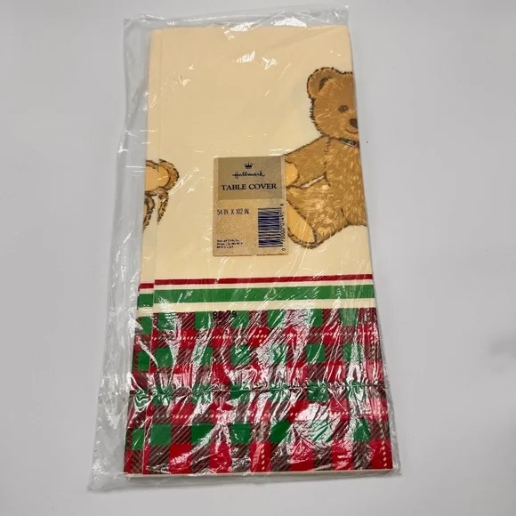 Vintage NOS Hallmark Paper Table Cover Bear Christmas Red Green Plaid 54x102