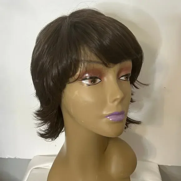 Dark Brown Short Layered Shag Wig Side Swept Bangs Feathered Flip Style male