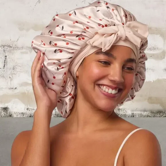 Kitsch Cherry Print Oversized Satin Bonnet NIB