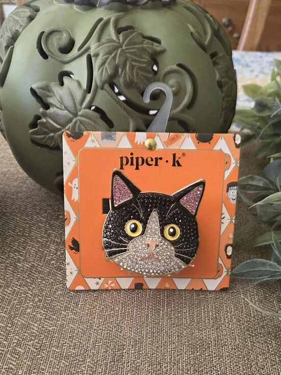 Piper Black, Pink & Gold Cat Face Pin P Crystal Accents