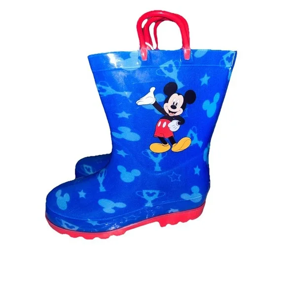 Disney Mickey Mouse Rubber Rain Boots Pull On With Handles Kids‎ Size 11/12