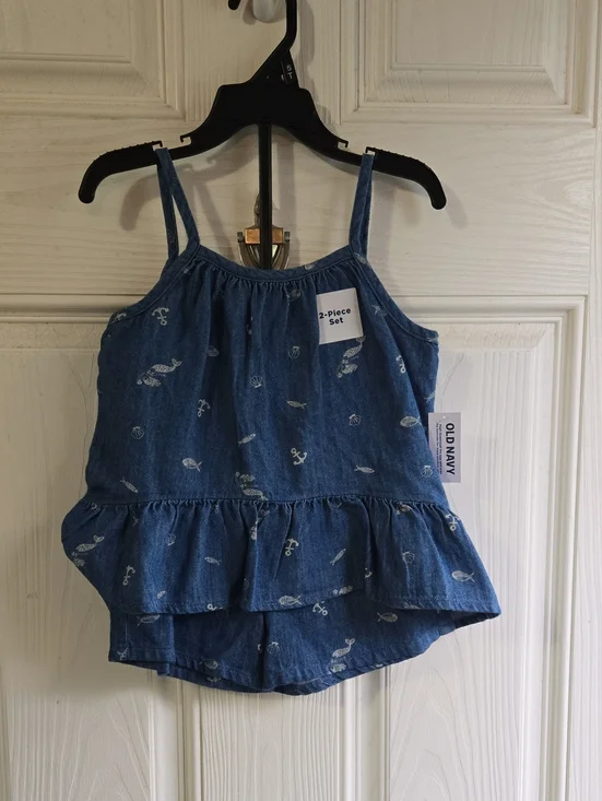 Old Navy Blue Denim Tank & Shorts Set with White Nautical Prints
