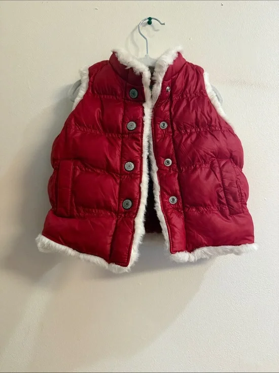 Old Navy Red Puffer Vest with White Faux Fur Trim