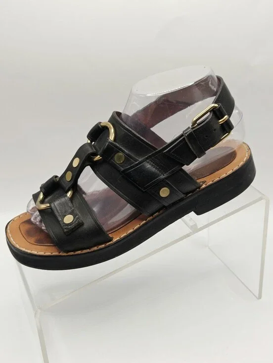 Celine Black Leather Sandal Size 37 EU US 7 Very Comforrable , Gold Detail